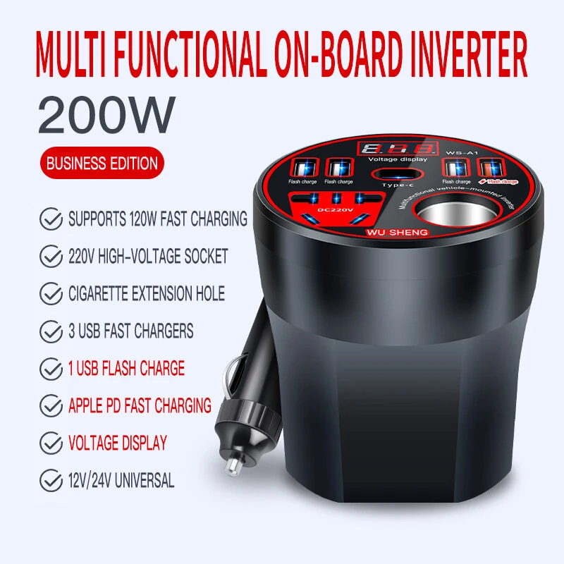 (image for) Car Inverter 12V 24V To 220V Power Converter 200W Multi-Function Car Socket Charger Mobile Phone Fast Charging with Digital Display