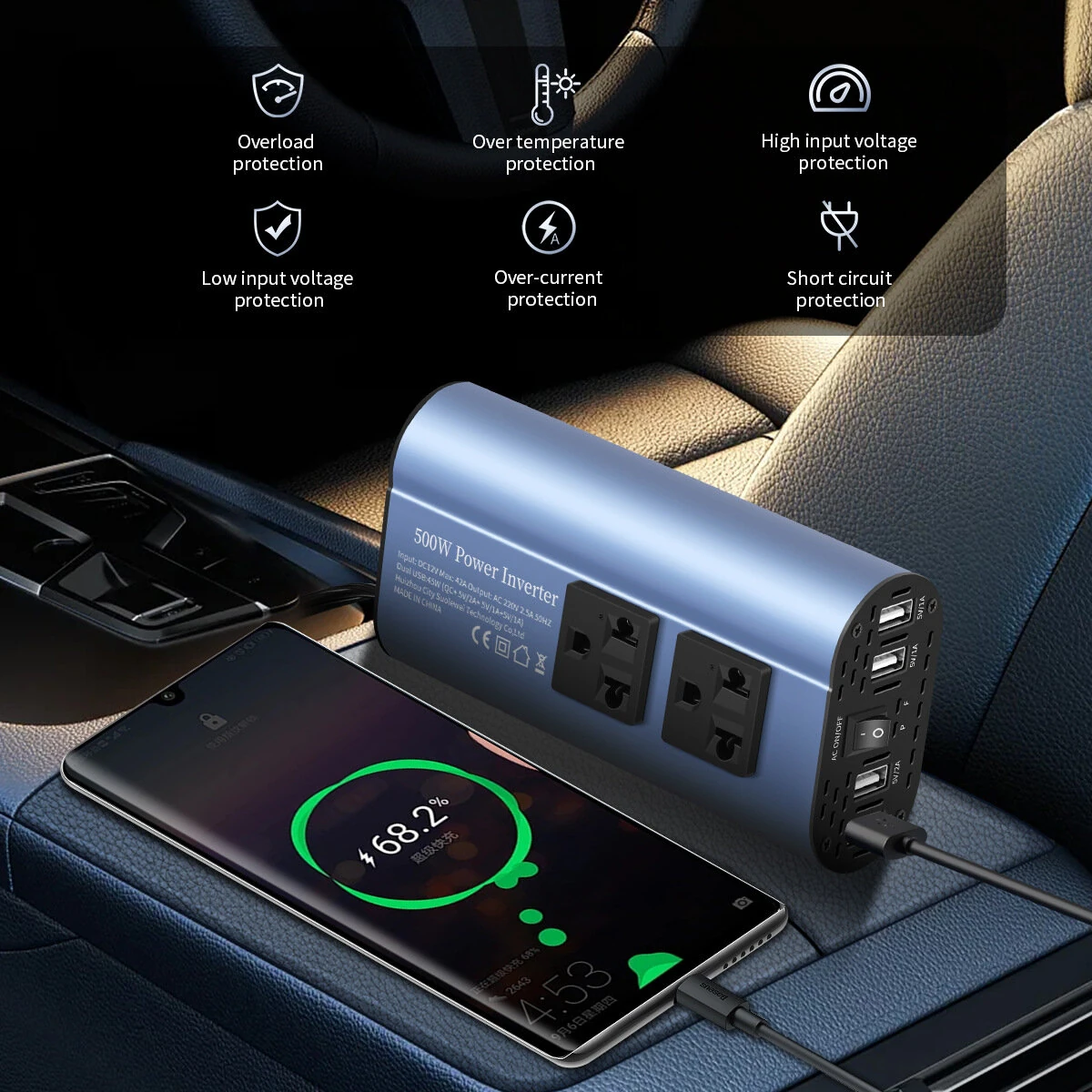 (image for) TATALIKEN Car Power Inverter 300/500W 12V to 110V / 220V 6 In 1 Multi Outlet Inverter Modified Sine Wave Car Power Converter EU/US Standard Sockets